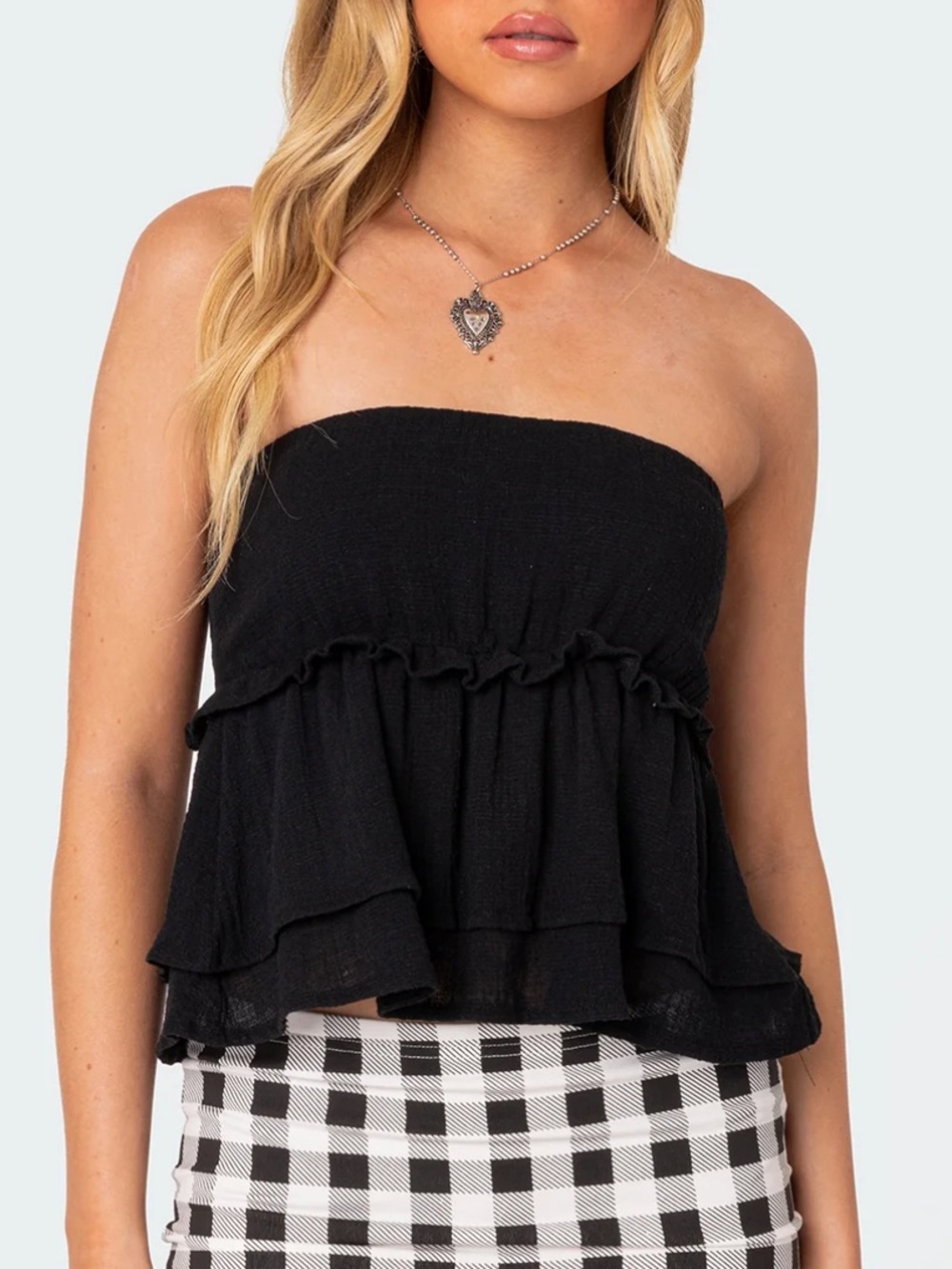 EDIKTED Linen Look Strapless Peplum Top